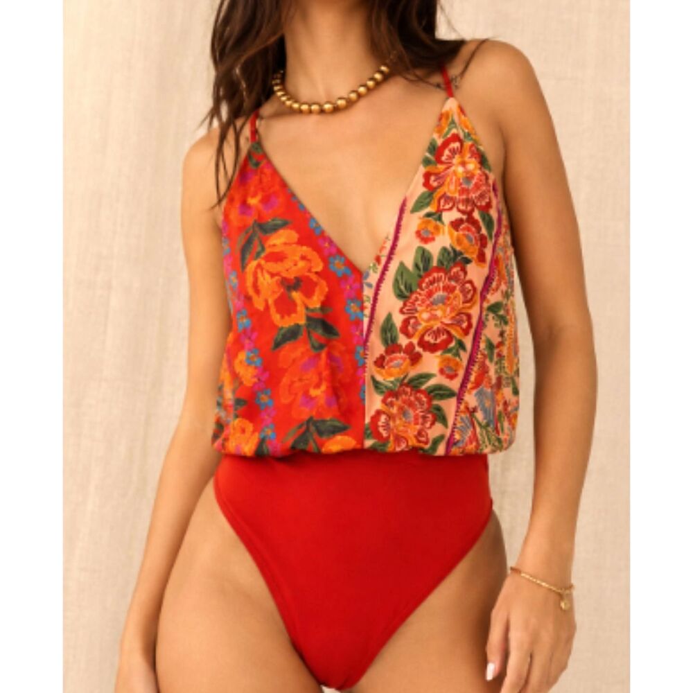 FARM Rio Floral Patchwork Bodysuit Small Red Tropical Boho Surplice Cami - Picture 2 of 14
